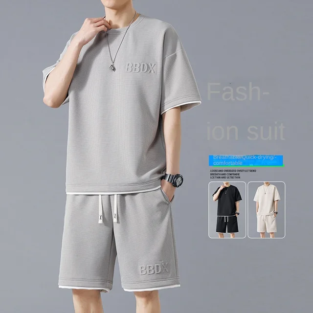 Waffle Summer Oversized Casual Short Sleeved Trendy Set For Men Breathable And Versatile Handsome And Loose.jpg