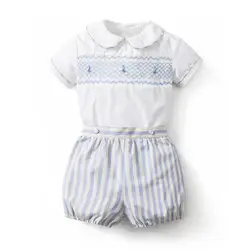 Cekcya Baby Boy Hand Made Smocking Suit Children Summer Embroidery Shirt Striped Cotton Shorts Boys Spanish Smocked Clothes Set