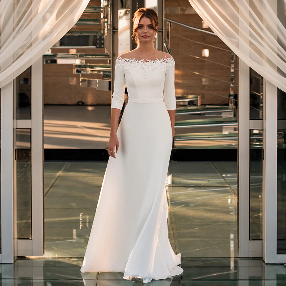 

Modern Wedding Dress 2023 for Woman O-neck Three Quarter Sleeves Beading Appliques A Line Bridal Gown Elegant Robe De Mariee
