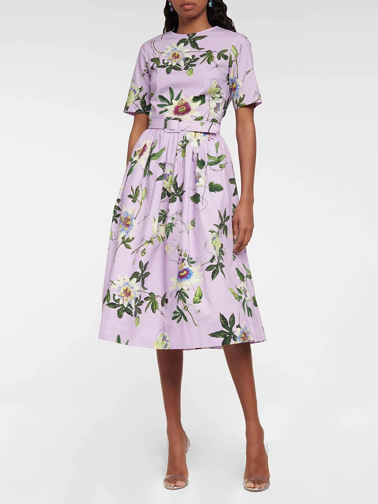 

y2k spring and summer floral print short sleeve cotton Women's dresses2023 fashion round neck waist large hem new in dresses