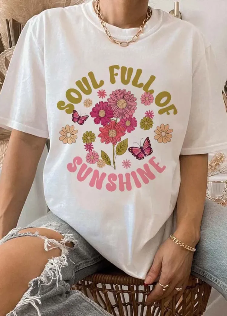 

Clothing Top T-Shirt Printed Fun Casual Style 90s Printed Flower Pattern Basic Versatile Cute Printed Short Sleeve Clothing