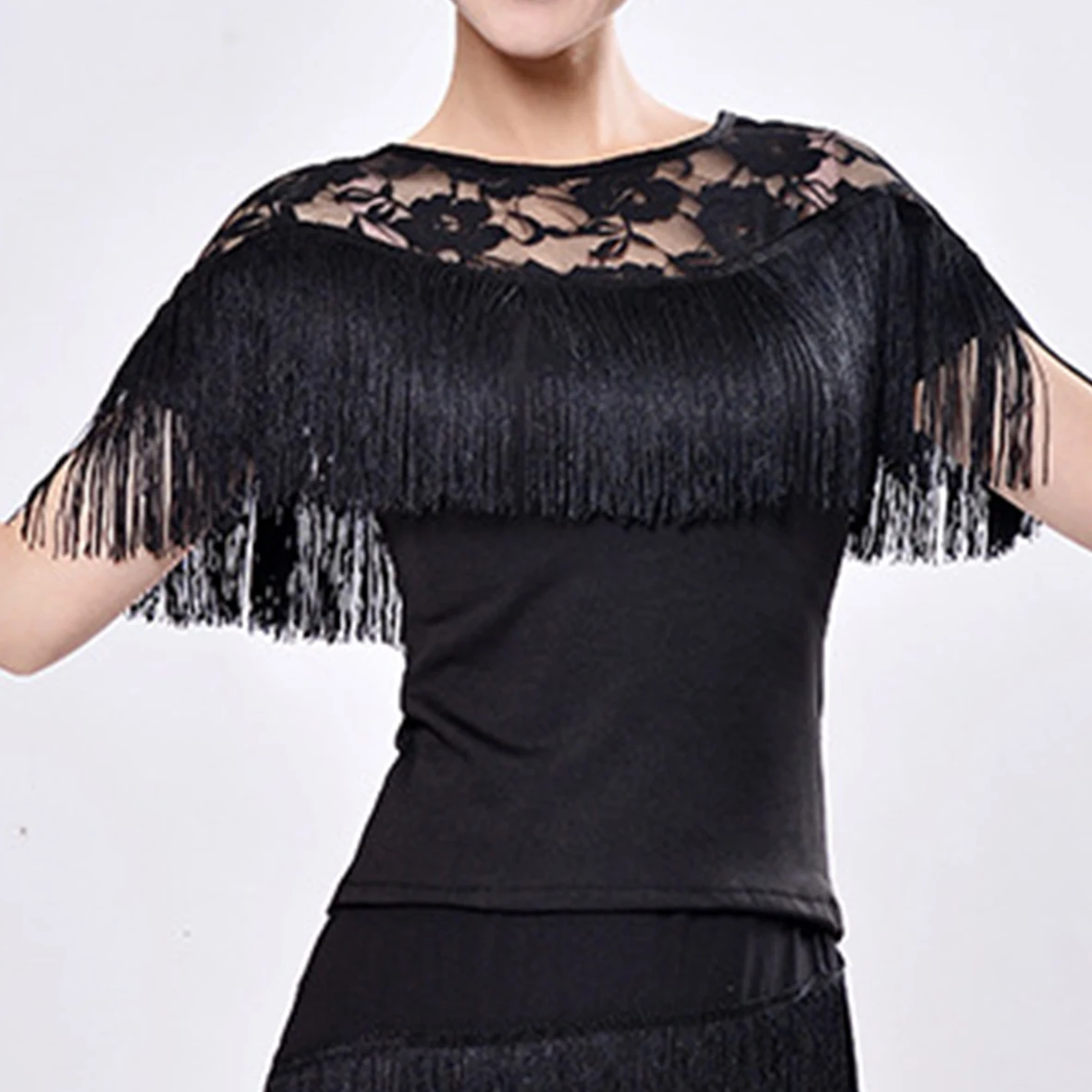 

2024 Style Tassels Long Sleeves Top For Women Sexy Lace Tight Top Dance Wear Lady Evening Party Top Holiday Wear Female