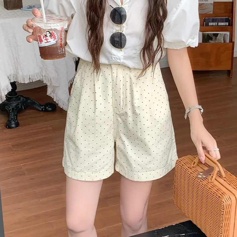 

ZHISILAO New Dot Print Wide Leg Denim Shorts Women Vintage Beige High Waist Jeans Shorts Summer 2024