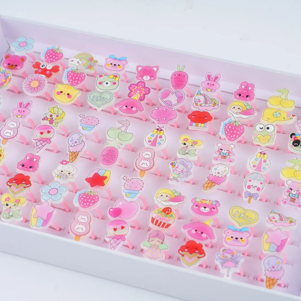 100 Teile/los Kinder Harz Cartoon Reizende Nette Obst Tier Blume Pflanze Öffnung Ringe für Kinder Jungen Mädchen DIY Schmuck Zubehör – Detail 7