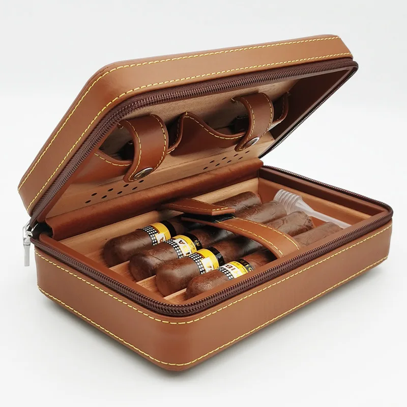 

Portable Cigar Case Humidor Box Leather Cedar Wood Travel Cigar Case Sealed Moisturizing Humidor Case Cutter Humidifier Bag