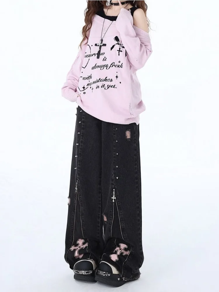 HOUZHOU Y2k Vintage Gothic Baggy Jeans Woman's Oversized Japanese Style Denim Pants Korean Fashion Harajuku Streetwear Trousers