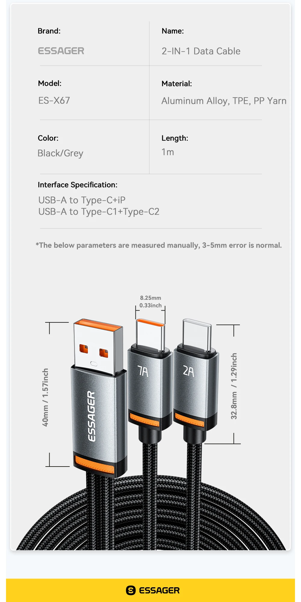 Essager 100 W Kabel USB C auf Typ C auf Beleuchtung PD60W Schnellladegerät Daten 2-in-1 Schnellladekabel für iPhone Huawei MacBook iPad – Detail 13