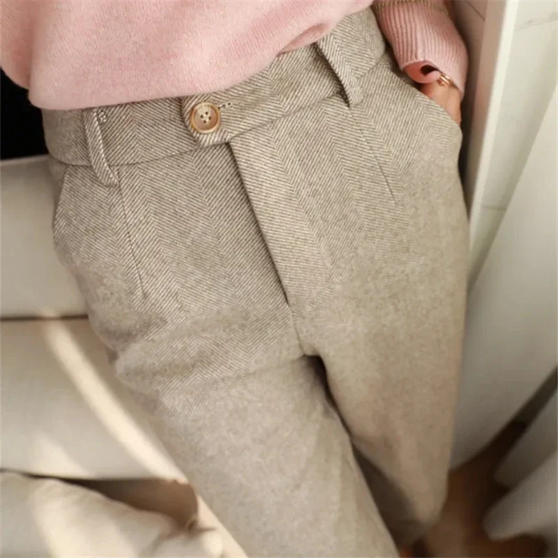 Pantalon crayon sarouel en laine pour femme, taille haute, pantalon décontracté imbibé, bureau, automne, hiver, 2022