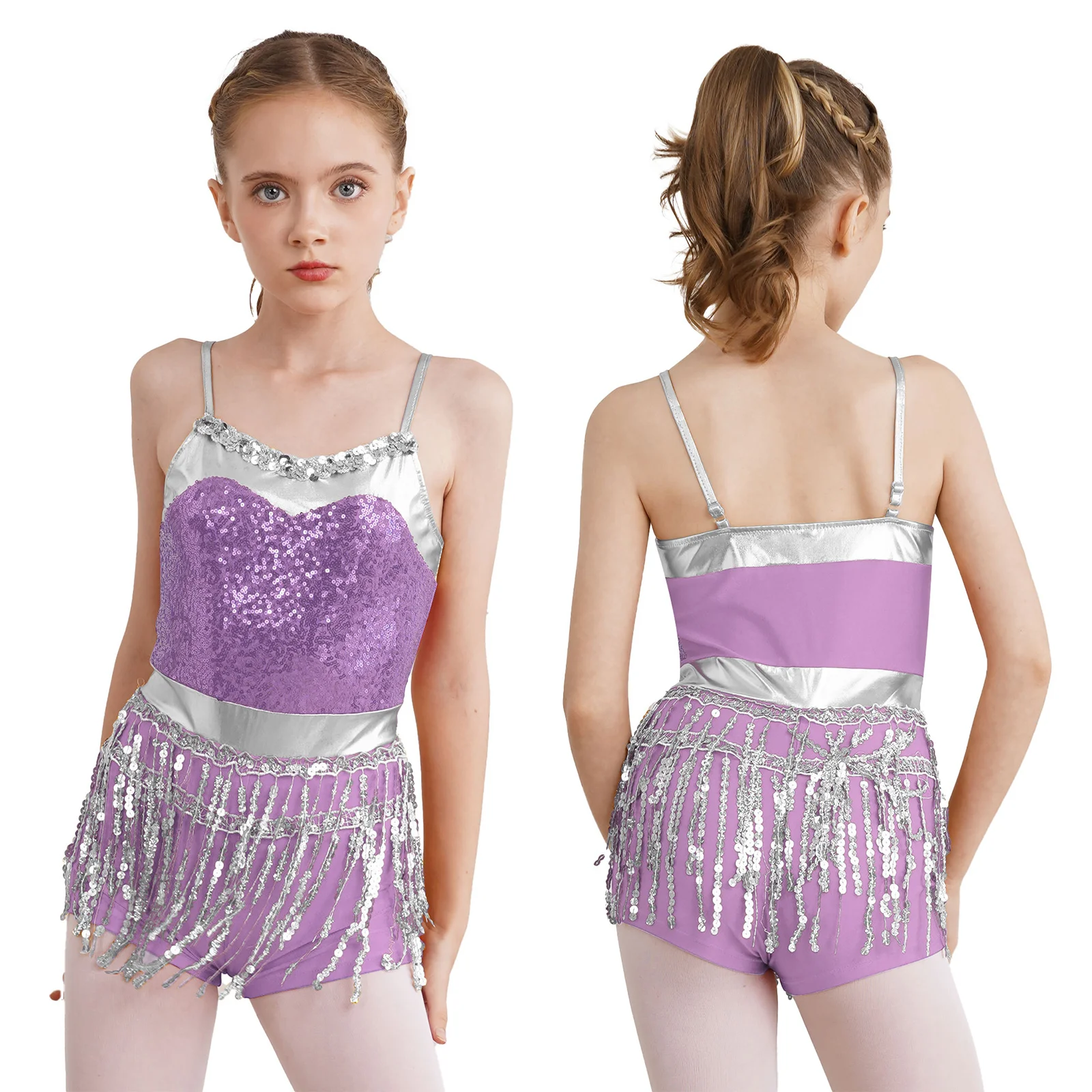thumbnail image 1 of Traje de baile latino Samba Jazz para niños y niñas, traje de baile metálico con lentejuelas brillantes, mono con flecos Cha-cha, 1 of 5