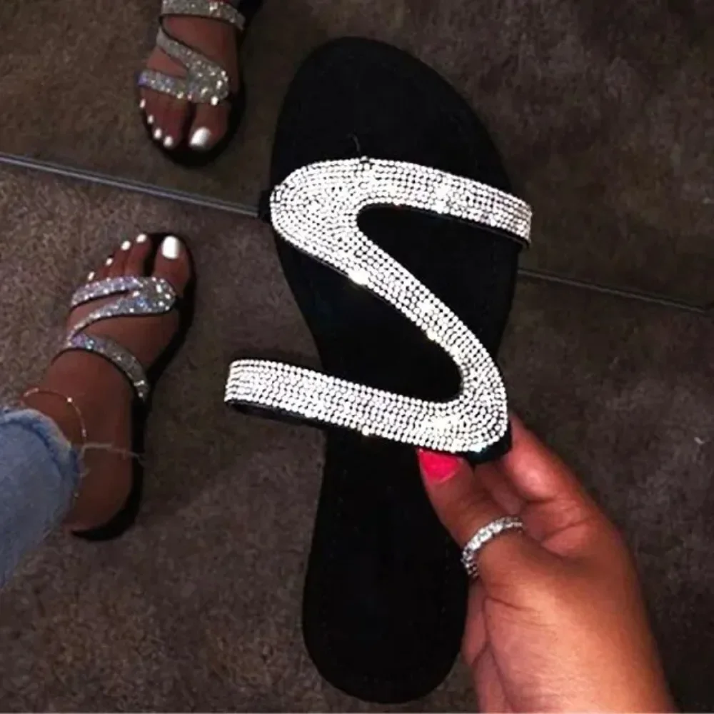 

Sexy Women Sheos Summer Slippers Beach Shallow Mouth Rhinestones Ladies Shoes Slides Women Comfortable Slippers Zapatos De Mujer