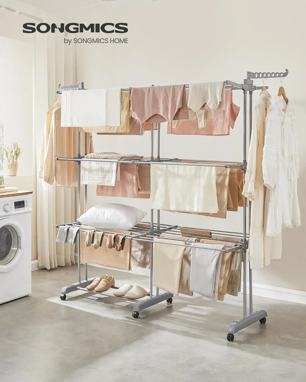 Clothes Drying Rack 4-Tier, Foldable Laundry Drying Rack 69.9-Inch Tall, Extendable Rods, Stainless Steel,Rolling Clothes Horses