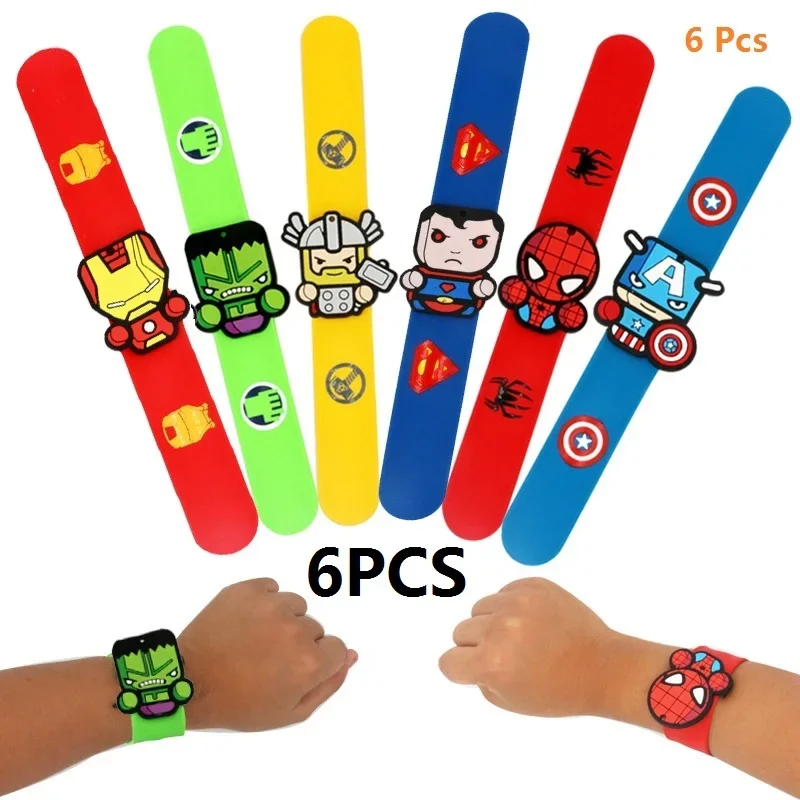 6Pcs Disney Cartoon Marvel Bracelet Spiderman Hulk Capitan America Anime Figure Wristand Slap Bracciali Per Regali Ragazzi Ragazza Giocattoli