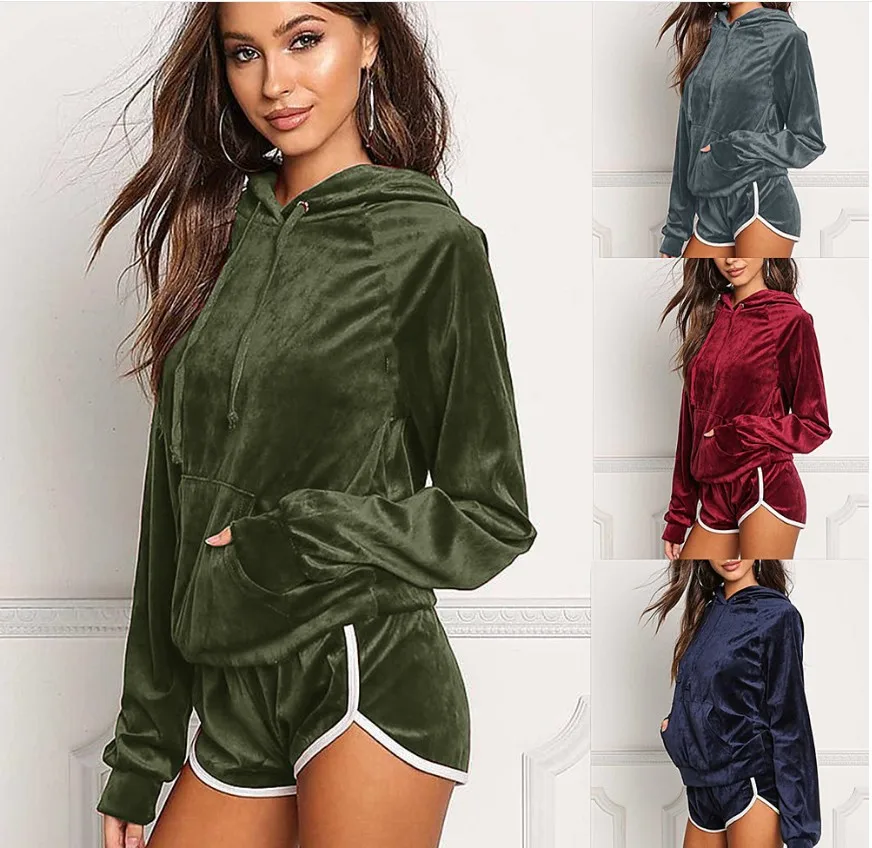 Hot new explosions gold velvet hooded long-sleeved sweater fashion casual suit women