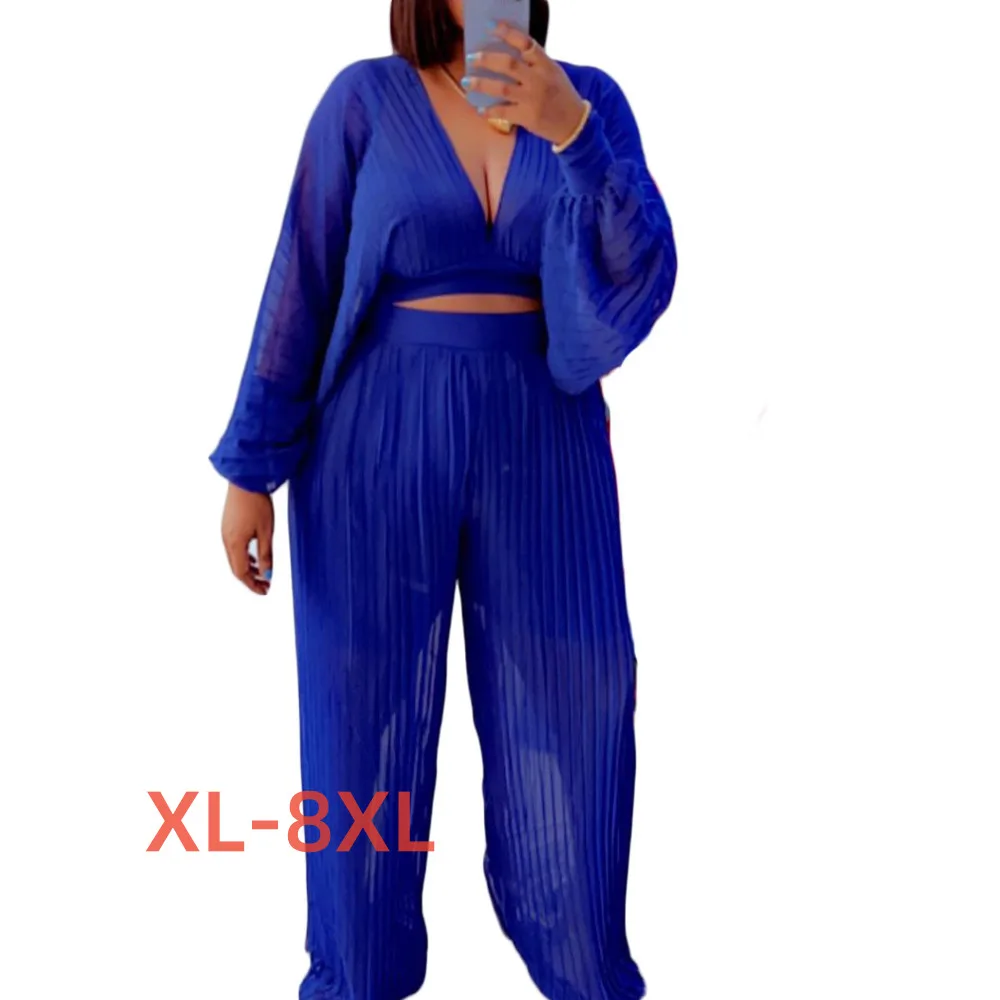 

Plus Size 4xl 5xl 6xl 7xl 8xl Chiffon Perspective Top Wide Leg Pants Set Retro Bohemian Cocktail Two Pieces Sets