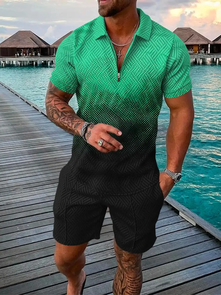 Men Zipper Collar Polo Shirt And Shorts 2pcs Sets Street T-shirt Piece Casual Sportswear Ropa Hombre 3D Vintage Man Clothing 5