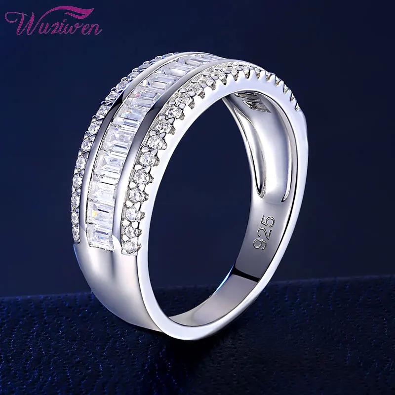 Wuziwen Pure 925 Sterling Silver Round and Baguette Eternity Ring Wedding  Band for Women AAAAA Cubic Zirconia Jewelry Gift