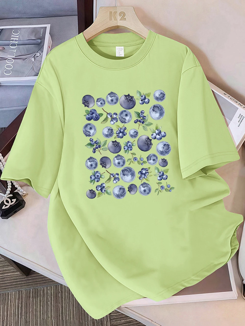 Sommer-T-Shirts aus 100 % Baumwolle für Damen, frische Blaubeerfrüchte, bedruckt, Oberteile, weiches, lockeres T-Shirt mit O-Ausschnitt, Urlaub, lässige Damenkleidung – Detail 12