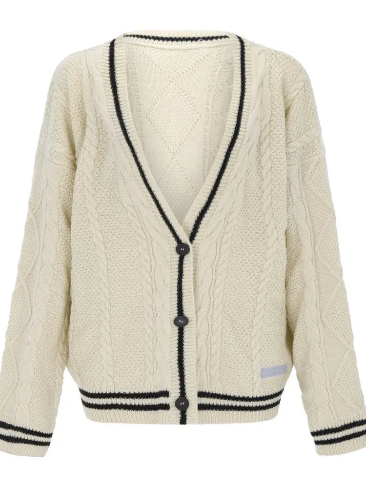 Vintage Star Print Knitted Cardigan Women's Sweaters Preppy Cute Button Up V Neck Long Sleeve Loose Coat Autumn Y2K Sweater 6