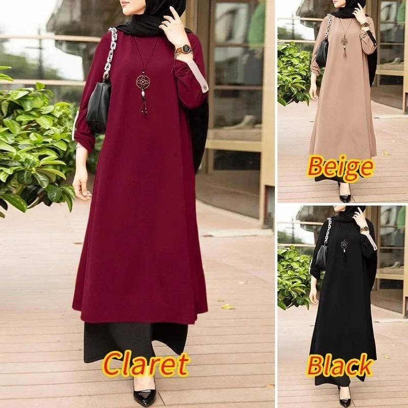 Women's Muslim Style Arabic Style Temperament Pure Color Simple Style round Neck Long Sleeve Side Split Dress  Prom Dress Abaya