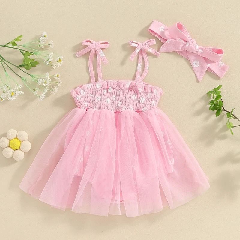 

Newborn Baby Girl Romper Dress Floral Sleeveless Halter Ruched Bodysuits Mesh Embroidery Tutu Dress