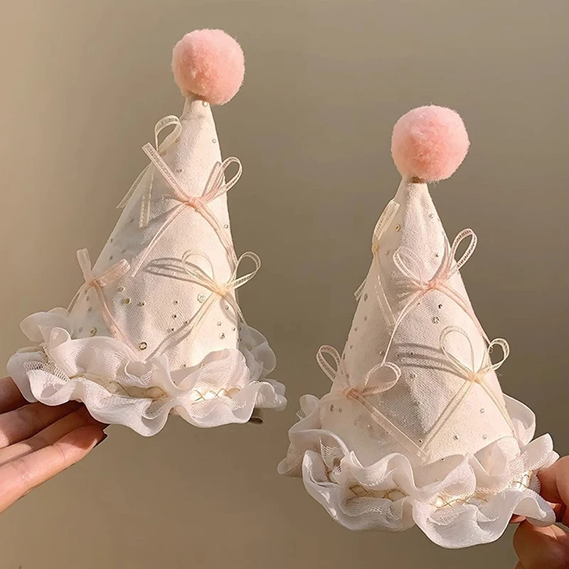 Cute Bow Pompom Birthday Hat Hair Clips Sweet Girl Headwear Party Hair Accessories Kids Photography Props
