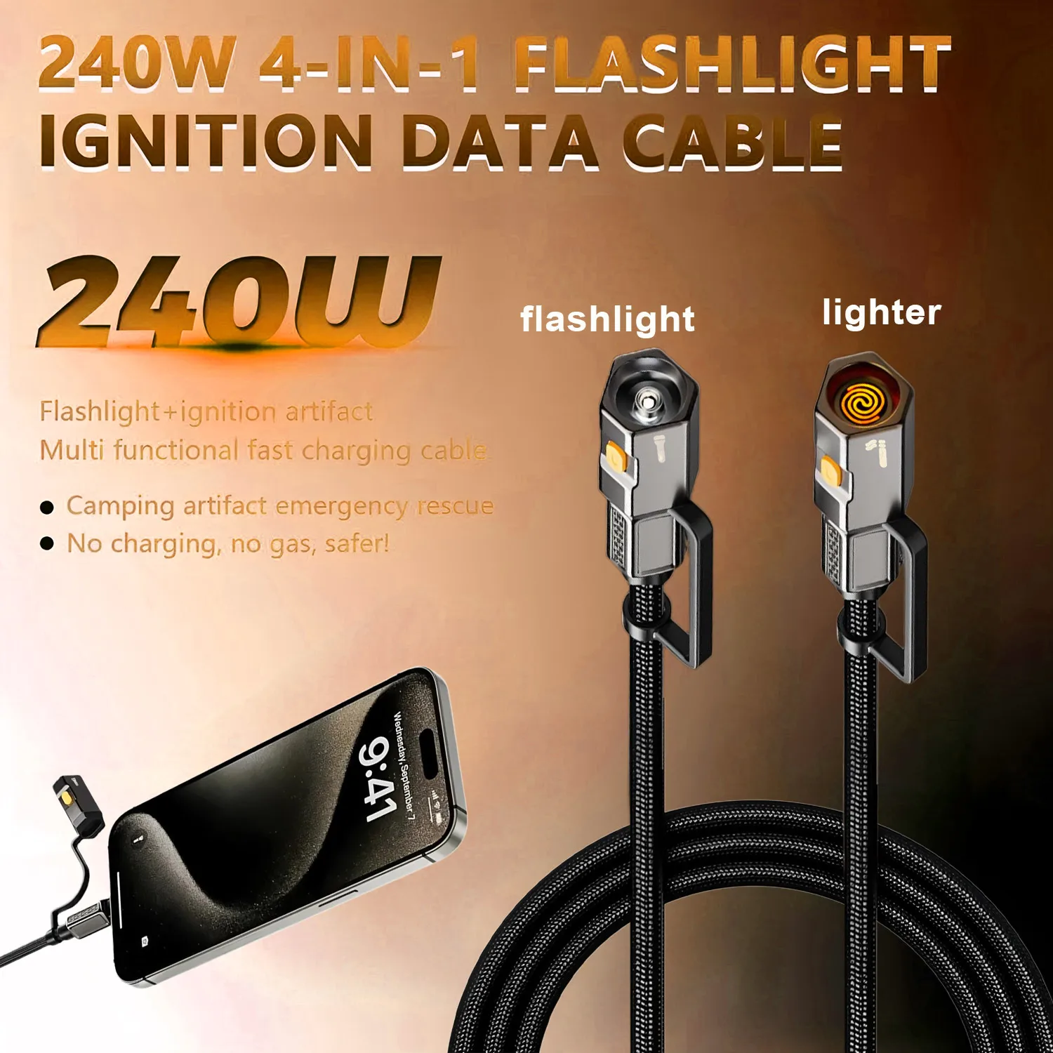 High-Speed 240W Fast Charging Type-C to Type-C Cable with LED Light & Built-In Lighter