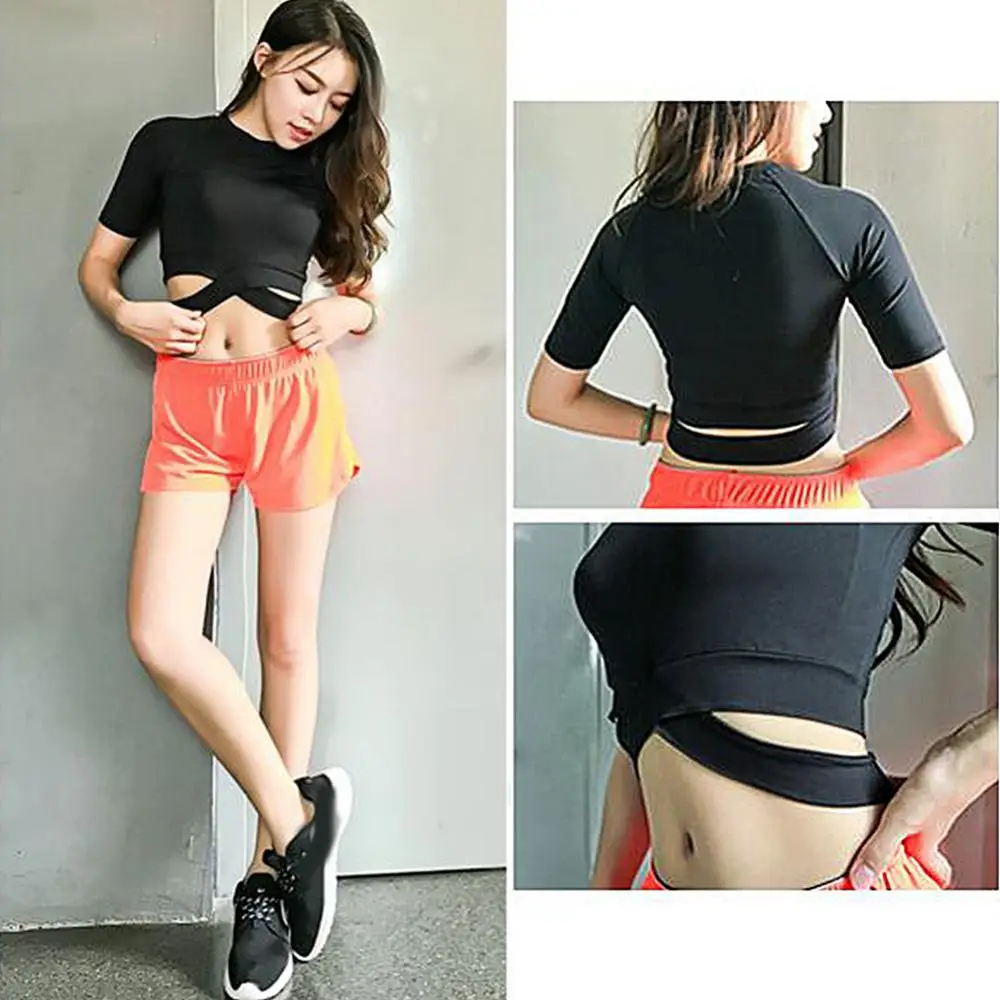 

Women Cross Strap Tight T-shirt Yoga Fitness Workout Sport Short Sleeve Crop Top