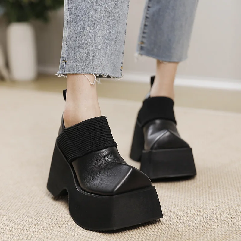 

High Heels Women Black Leather Loafers Wedge Shoes for Women Handmade Genuine Leather Women Pumps Sale 2023 Brand