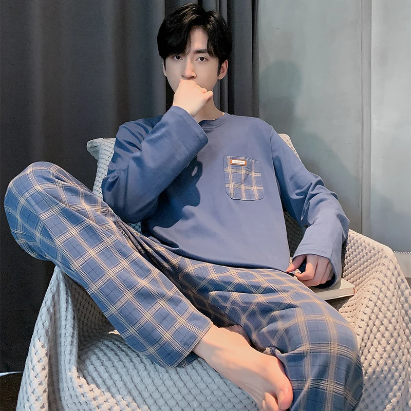 Pajamas round Neck Men's Spring and Autumn Cotton Long Sleeve Loose Casual Simple Outdoor Home  Wear Geometric Pattern Printing