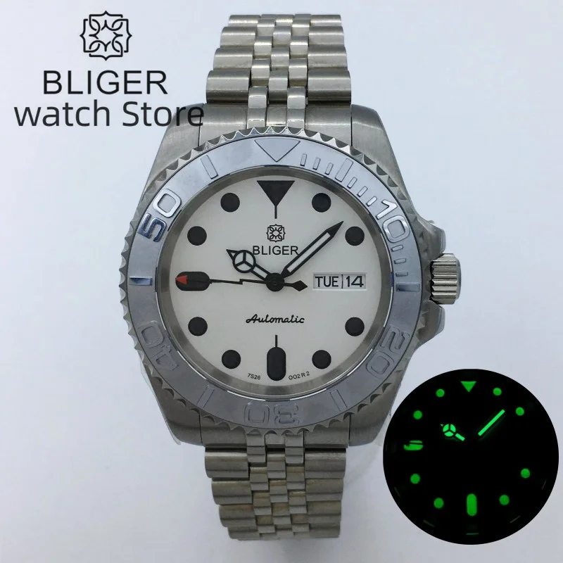 40mm BLIGER Japan NH36A Date Week Display Automatic Watch for Men White Dial Black Index Green Luminous Silver Jubilee bracelet