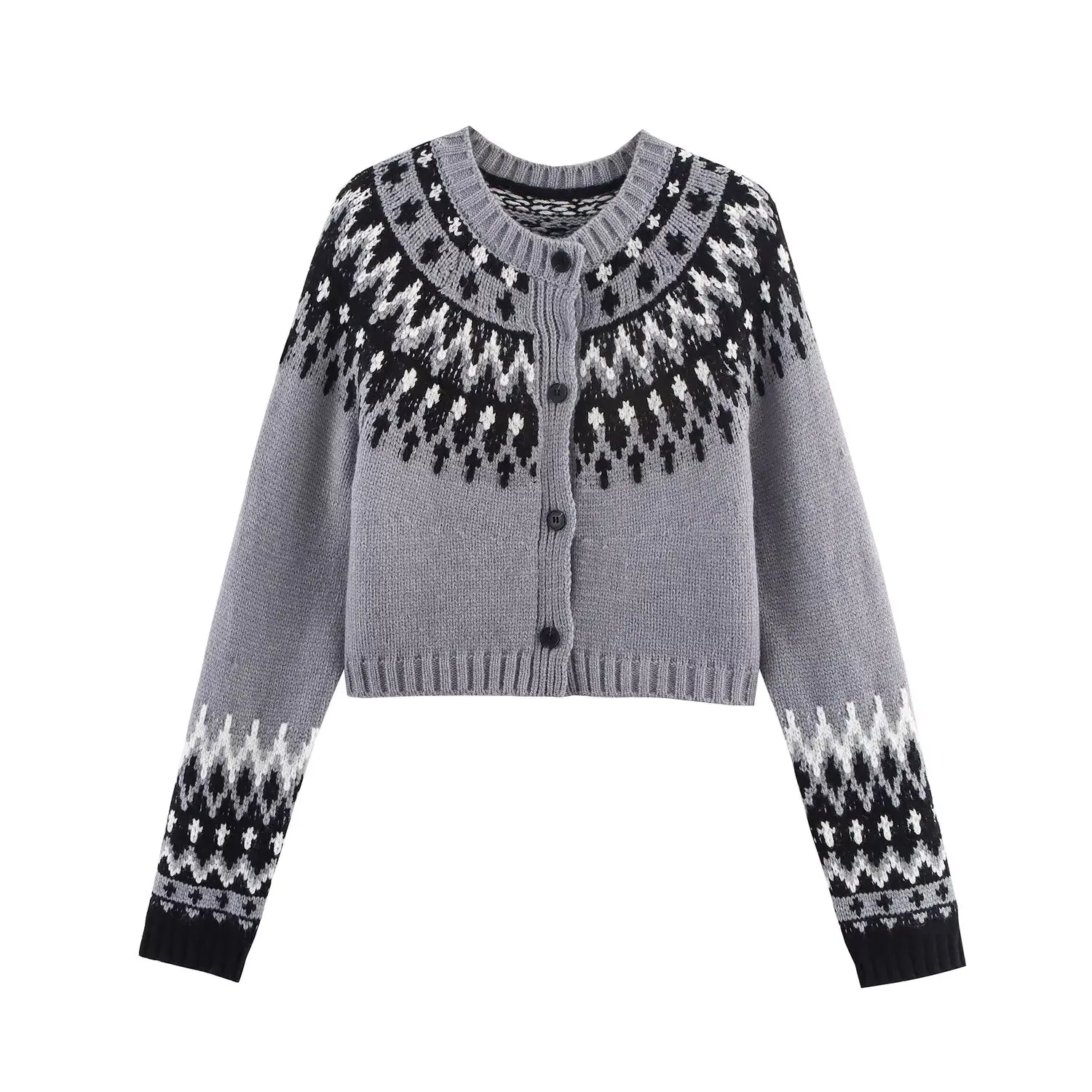 Women Autumn Winter Daily Commute Fashion Short Jacquard Knitted Cardigan Chic O-Neck Joker Button Jacket Outerwear Streetwear