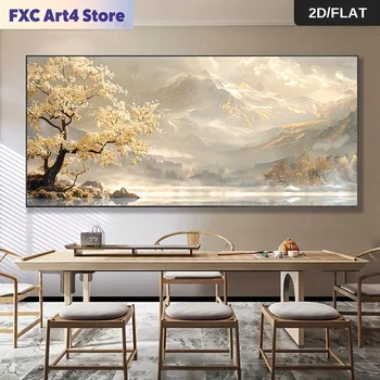 Stampa su tela moderna astratta senza cornice, albero dorato e montagna, grande formato, elegante per soggiorno e camera da letto