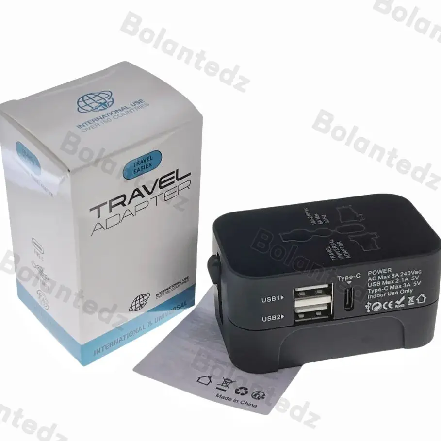 All in One Universal International Plug Adapter 2 USB Port 1 Type C World Travel AC Power Charger Adapter AU US UK EU Converter Plug Adapter