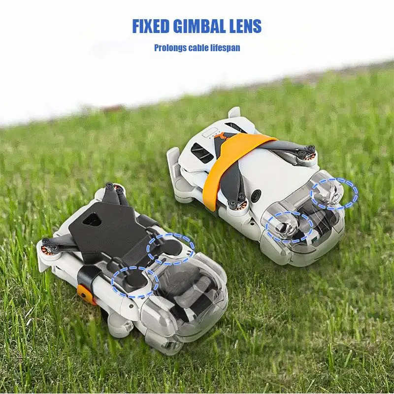 Couvercle objectif grenouille installé sur DJI Mini 4 Pro, protégeant l'objectif et le PTZ