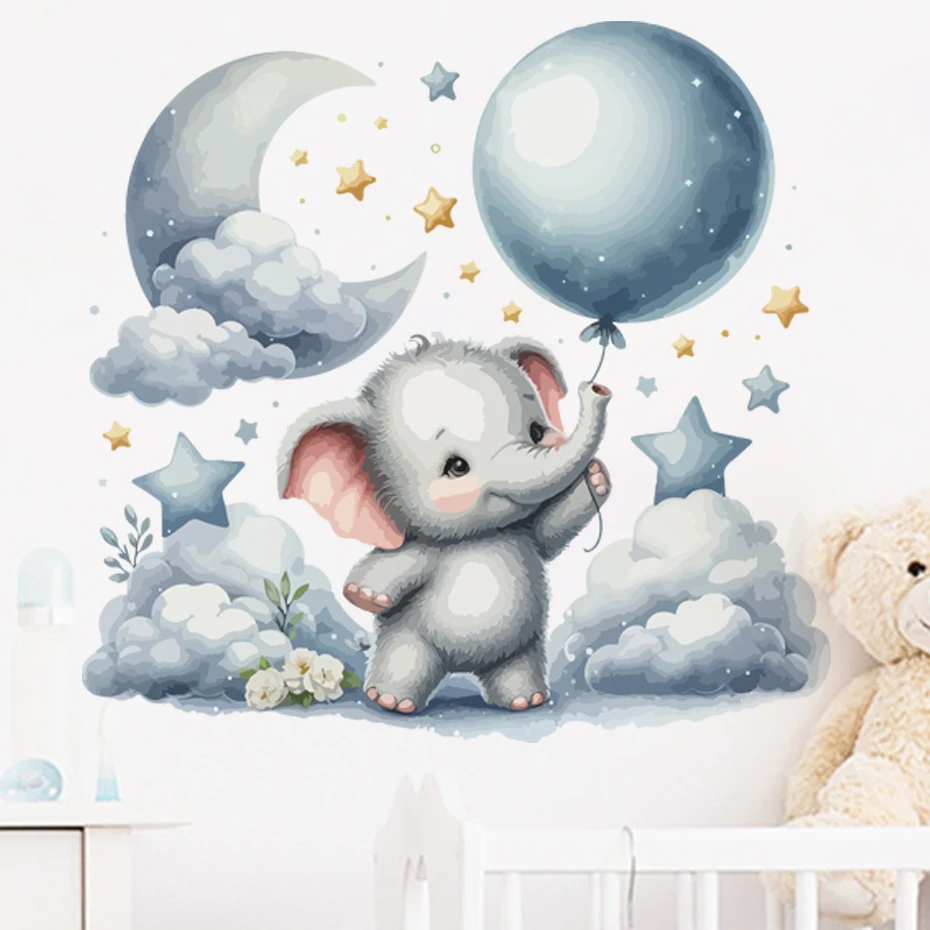 Adesivi murali luna elefante cartone animato blu per la camera dei bambini Decorazioni per la camera dei bambini Decorazioni per la camera da letto Soggiorno Decalcomanie da muro 1