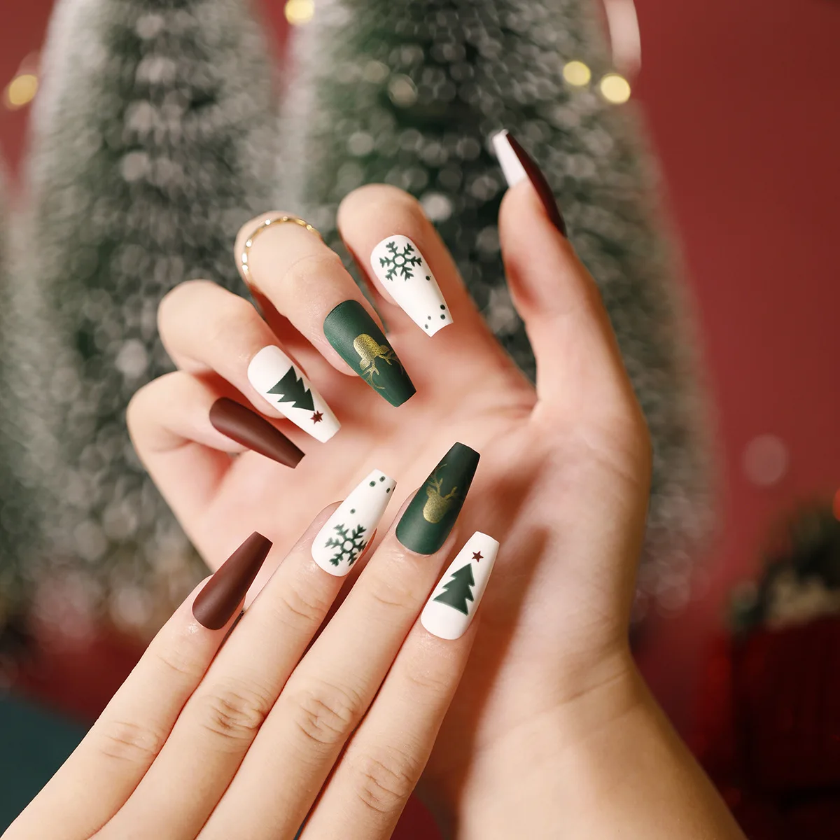 Christmas Snowman Glitter Press-On Nails - 24 Pcs/Set