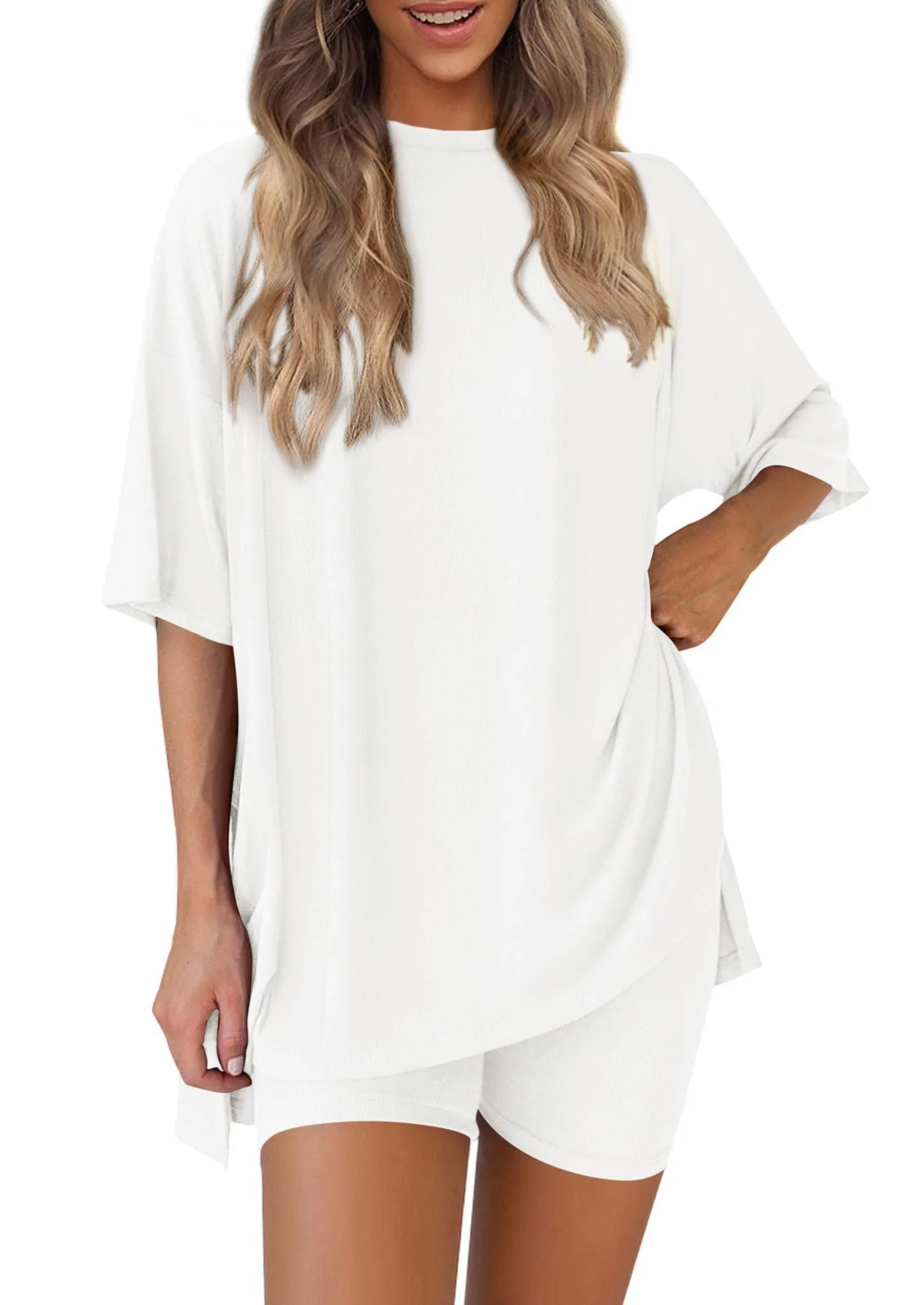2026 Damen Oversize Zweiteiler Sommer Lässiges Lockeres T-Shirt und Biker-Shorts Set Loungewear – Detail 15