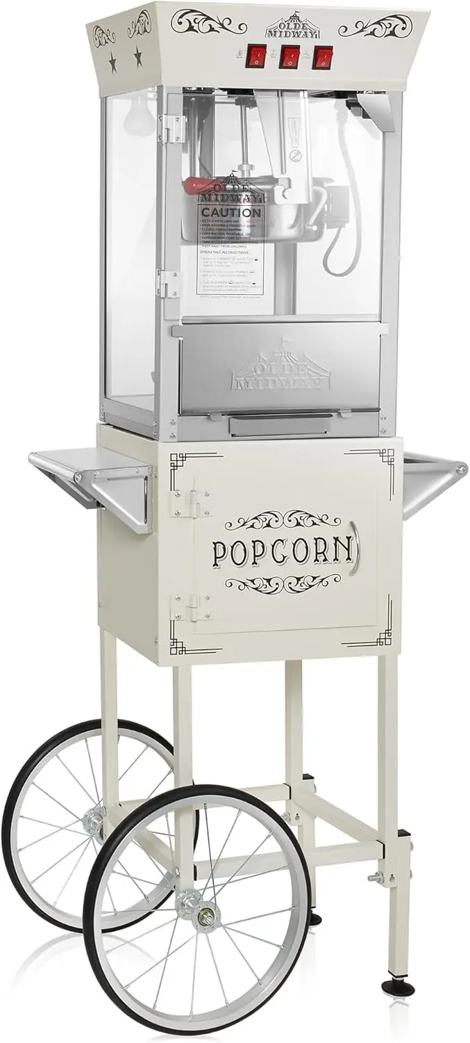 Theater-Style Popcorn Machine Maker with Cart and 10-Ounce Kettle Cream Vintage-Style Popper on Wheels