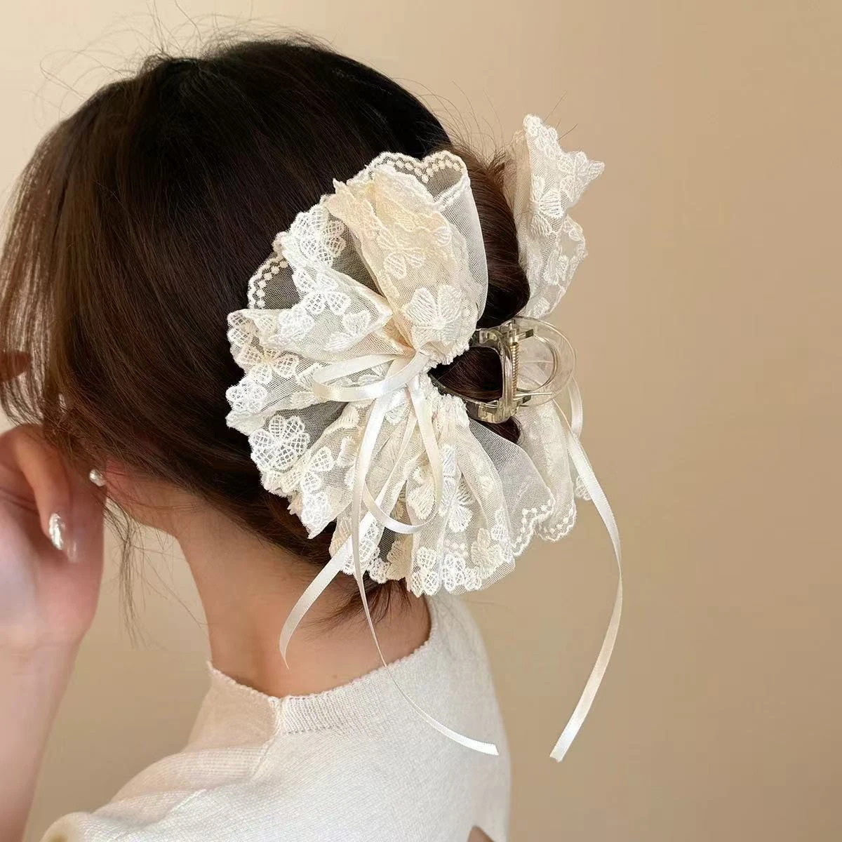 1 Stück Koreanischer Stil Elegante Schmetterlingsknoten-Schleife Bestickte Spitzen-Haarklammer, Damen-Haarspange für Pferdeschwanz und Halb-Up-Haarspange