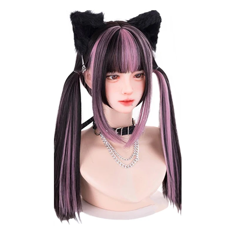 LUPU Women Wigs Cosplay Lolita Wig Natural Black Wig with Pink Highlights with Hair Bangs for Halloween Cosplay Party Wear