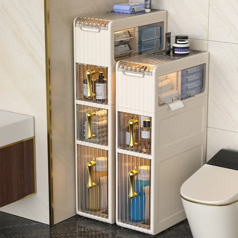 

Bathroom Slim Storage Cabinet Crevice Shelf Floor-to-Ceiling Toilet Gap Organizer Narrow Plastic Seam Unit Efficient Use