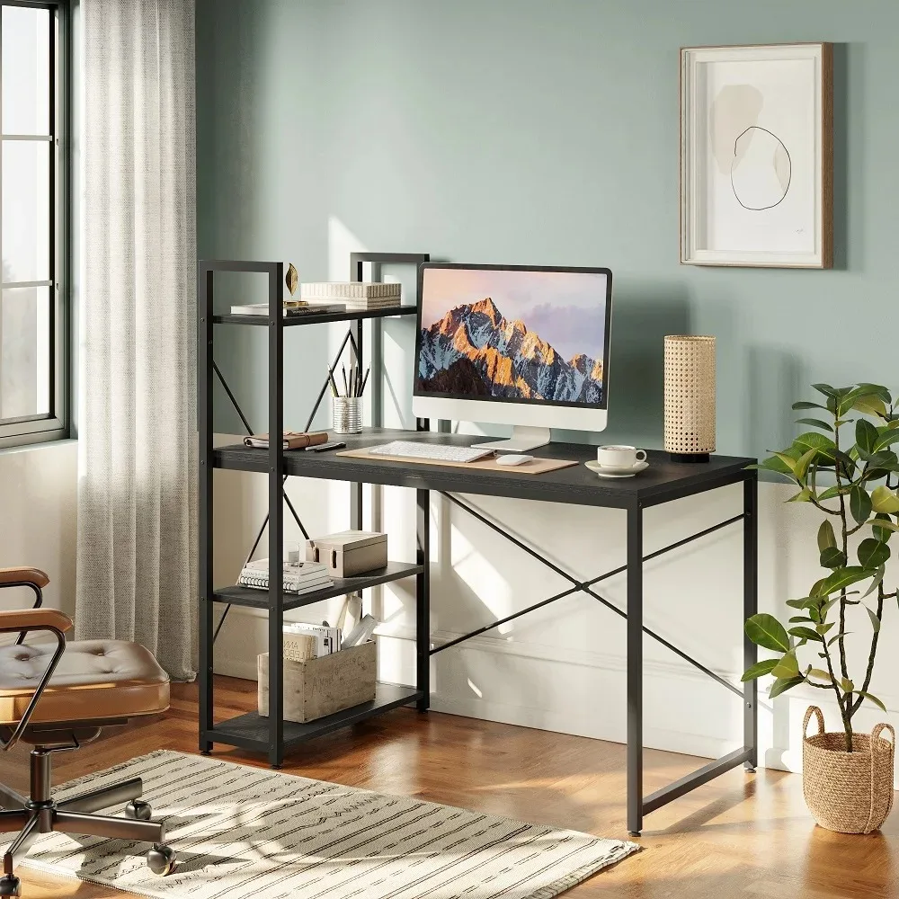 Bestier Computer Office Desk with Steel Frame, Reversible Book Shelves,  Headphone Hook, Adjustable Feet, & Under Desk Storage, Grey