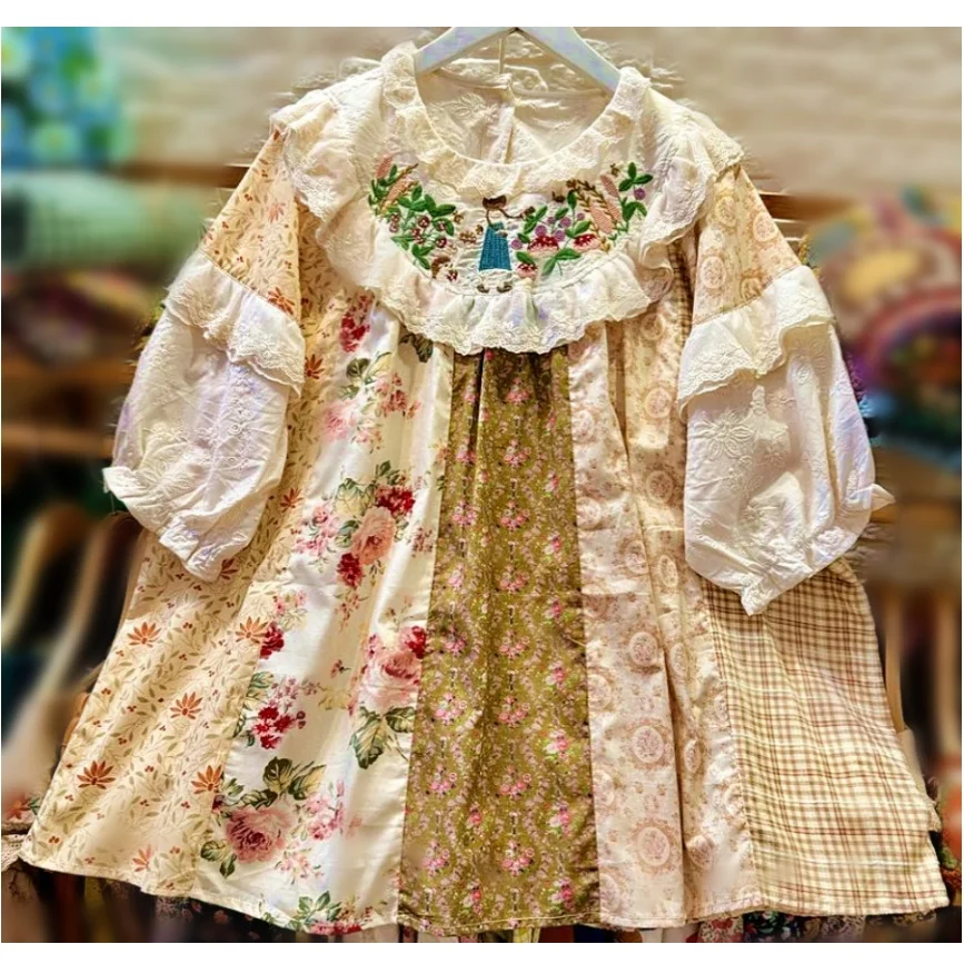 

Women Mori Girl Vintage Lace Patchwork Blouse 2024 Summer Retro Chic Sweet Kawaii Lolita Cottagecore Cute Ruffled Blouse Tops