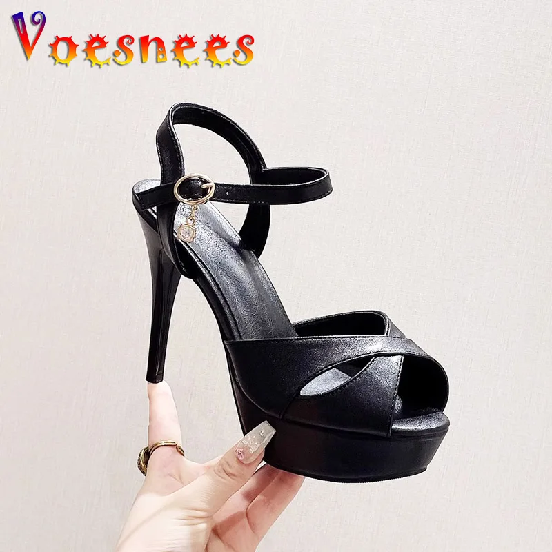 

Small Size Thick Platform High-heel Pumps Black Cross Band Sexy Women Shoes 2023 Summer New Sandals 12CM Fashion Shows Stilettos