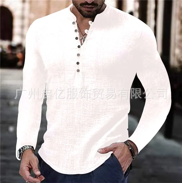 قميص رجالي كتان كاجوال بسيط برقبة على شكل حرف V صي...