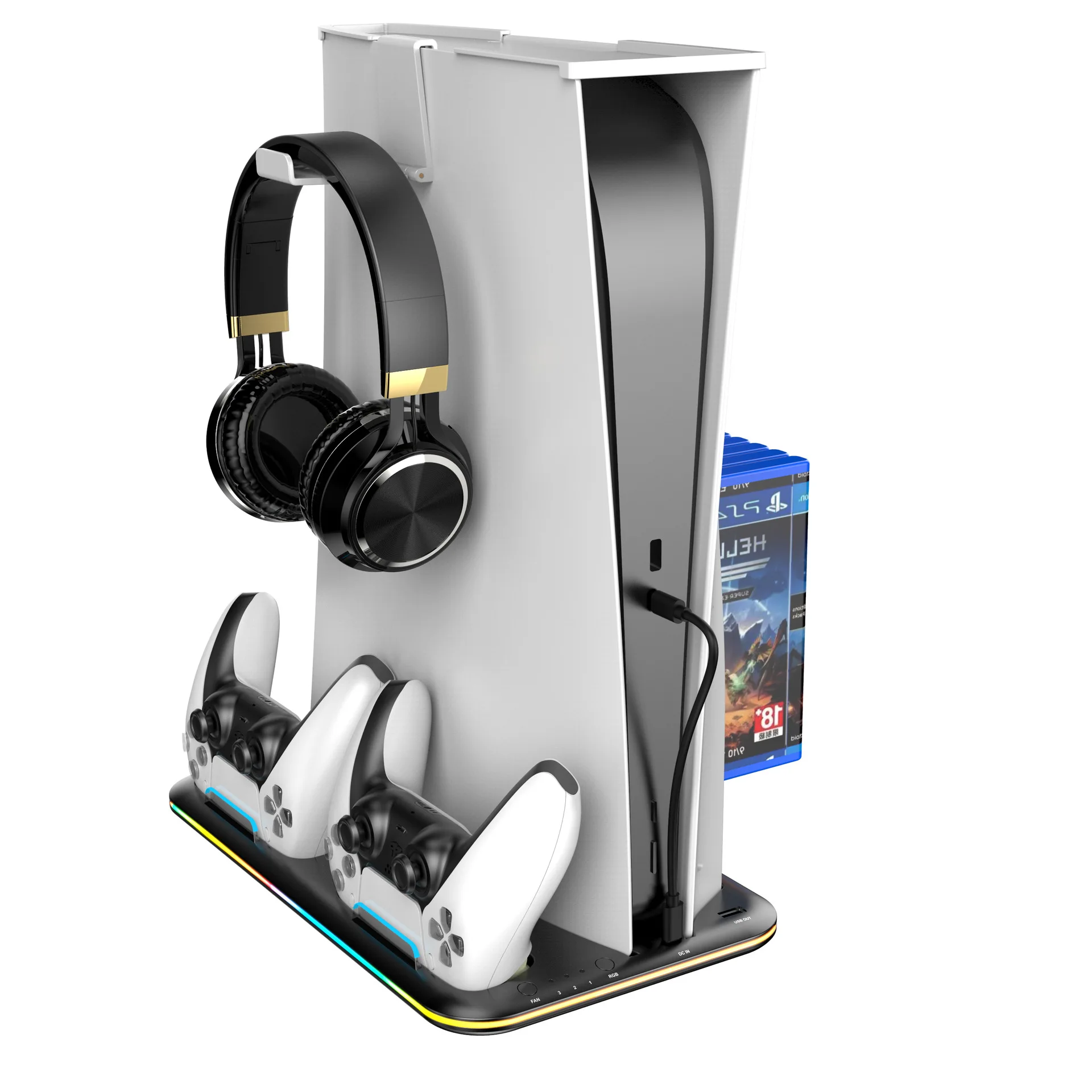 

Охлаждающая станция для PS5, консоль с RGB-подсветкой, держатель для гарнитуры с двумя контроллерами, зарядное устройство, игровые аксессуары с хранилищем CD