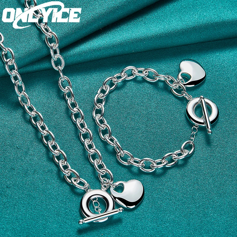 

2pcs 925 Sterling Silver Hanging Heart Necklace Bracelet Jewelry Set For Women Man Hot Charm Fashion Party Romantic Holiday Gift