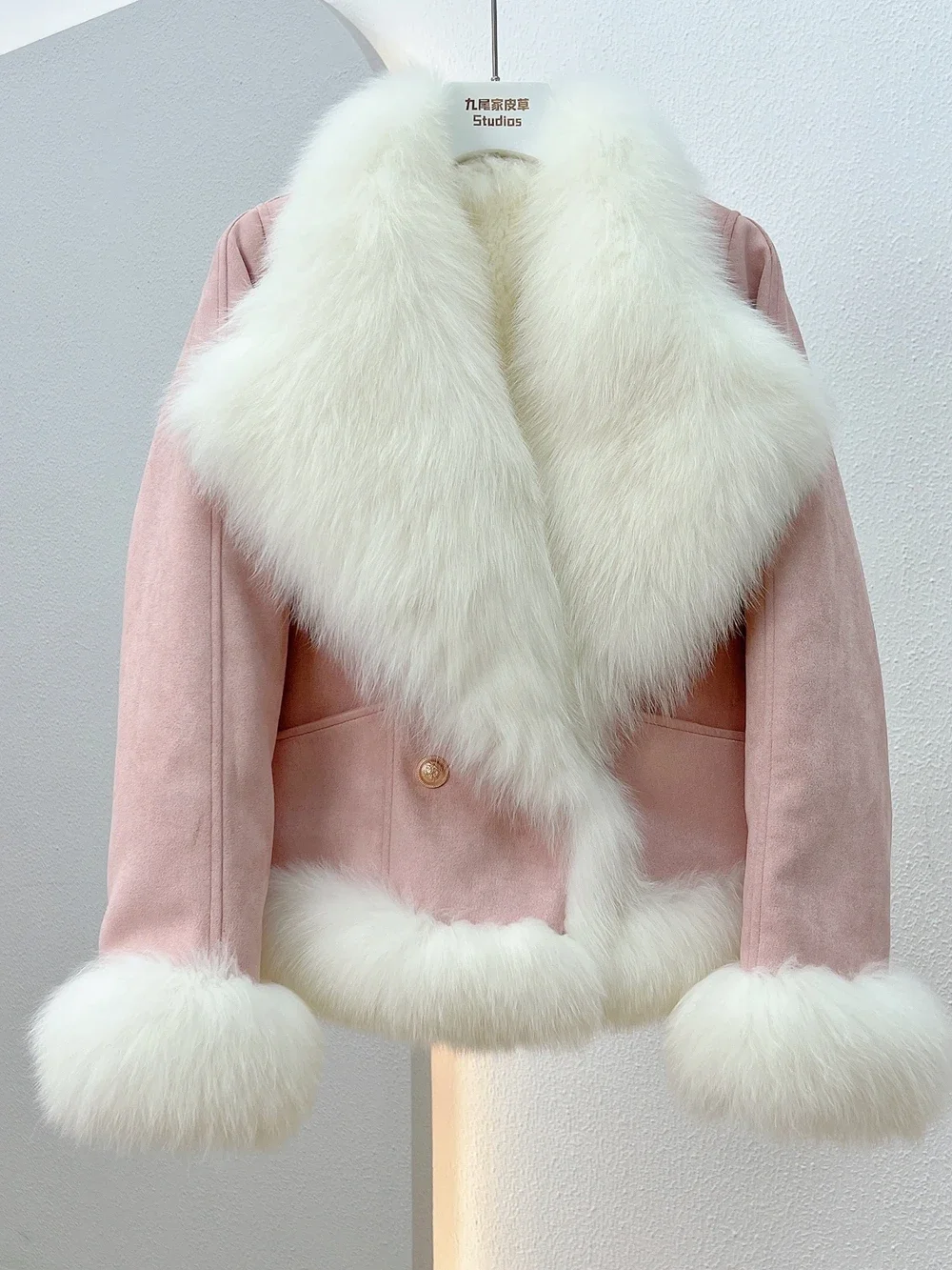Rex Rabbit Collar Fox Fur Coat Lining Large 2023 Winter New Suede Splicing Single Button Thick Warm Slim Jackets Women‘s Clothes