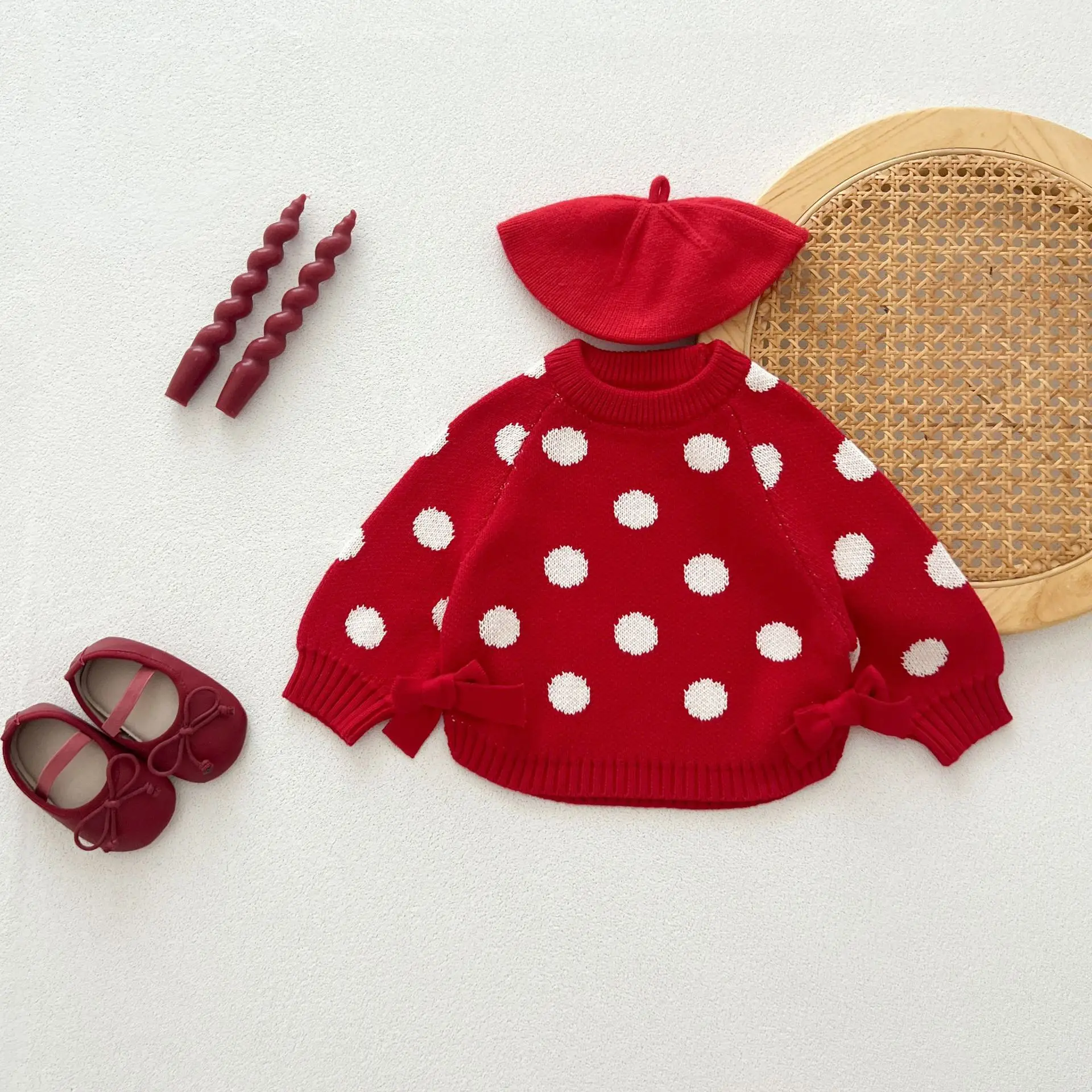 Autumn Newborn Infant Baby Boy Girls Dot Pullover Bow Sweater Knit Long Sleeve Jacket Kids Onepiece Fashion Baby Clothing