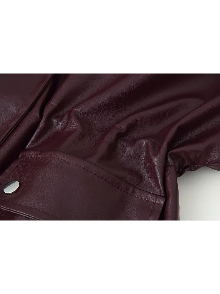 Fashion Faux Leather Jacket For Woman Solid Stand Collar Pockets Leather Pu Coats Women Close Waist Outerwears Autumn Clothes